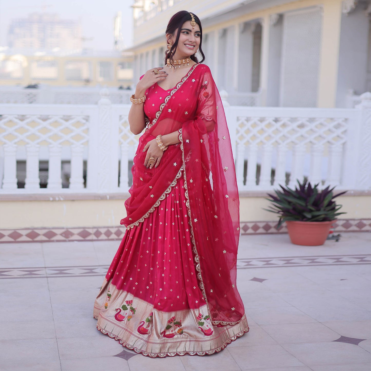 Vrindaa Rani Pink Paithani-Border Embroidered Lehenga Set