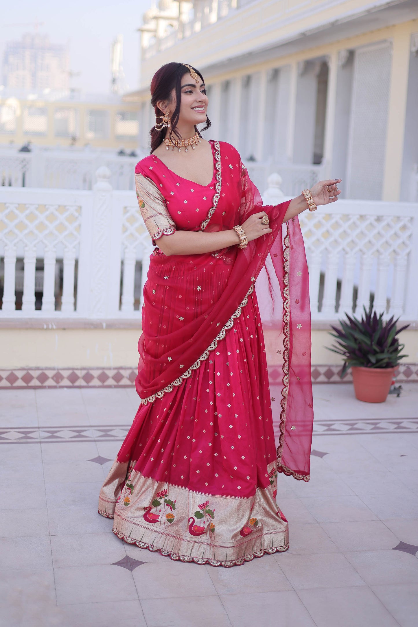 Vrindaa Rani Pink Paithani-Border Embroidered Lehenga Set