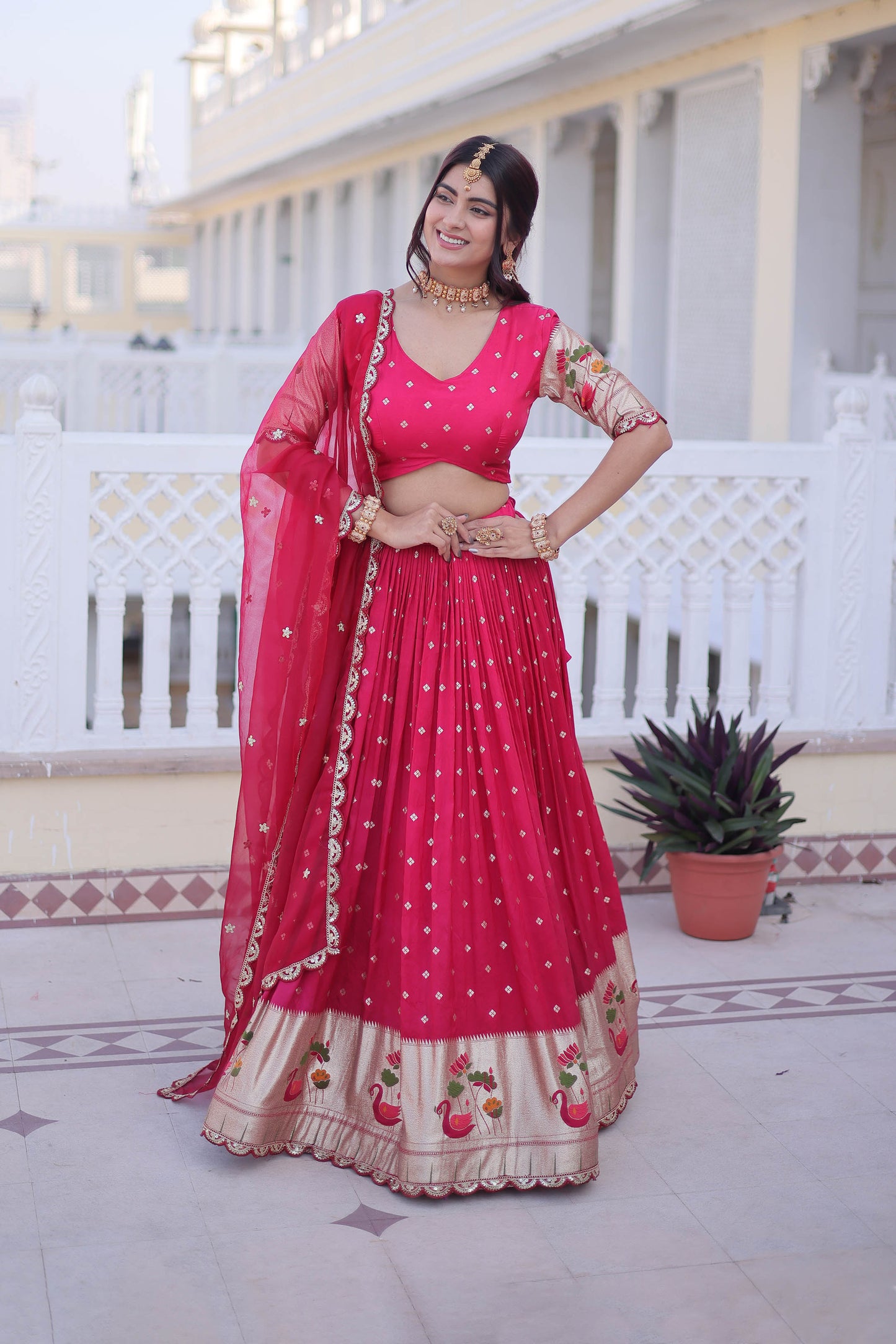 Vrindaa Rani Pink Paithani-Border Embroidered Lehenga Set