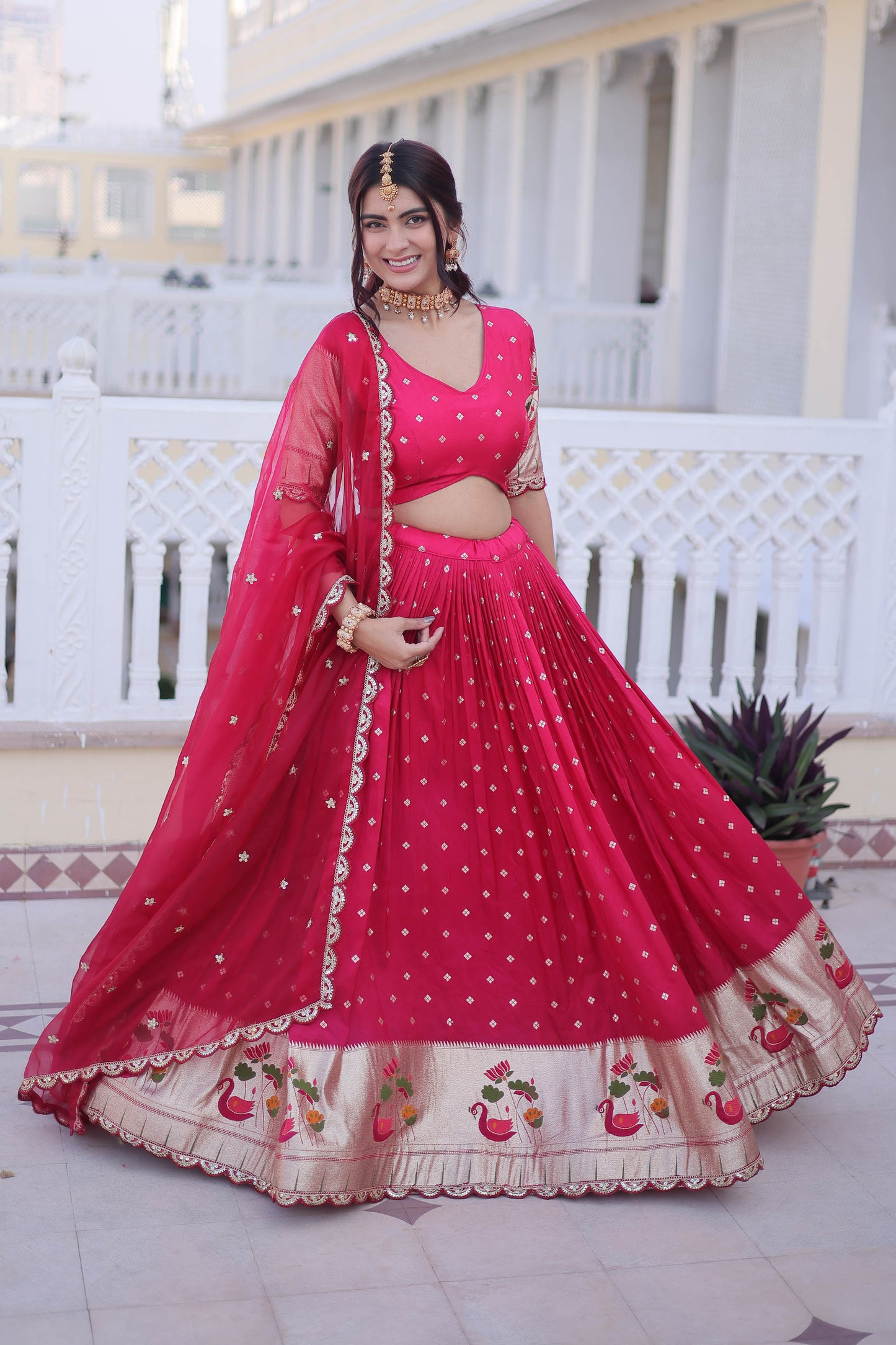 Vrindaa Rani Pink Paithani-Border Embroidered Lehenga Set