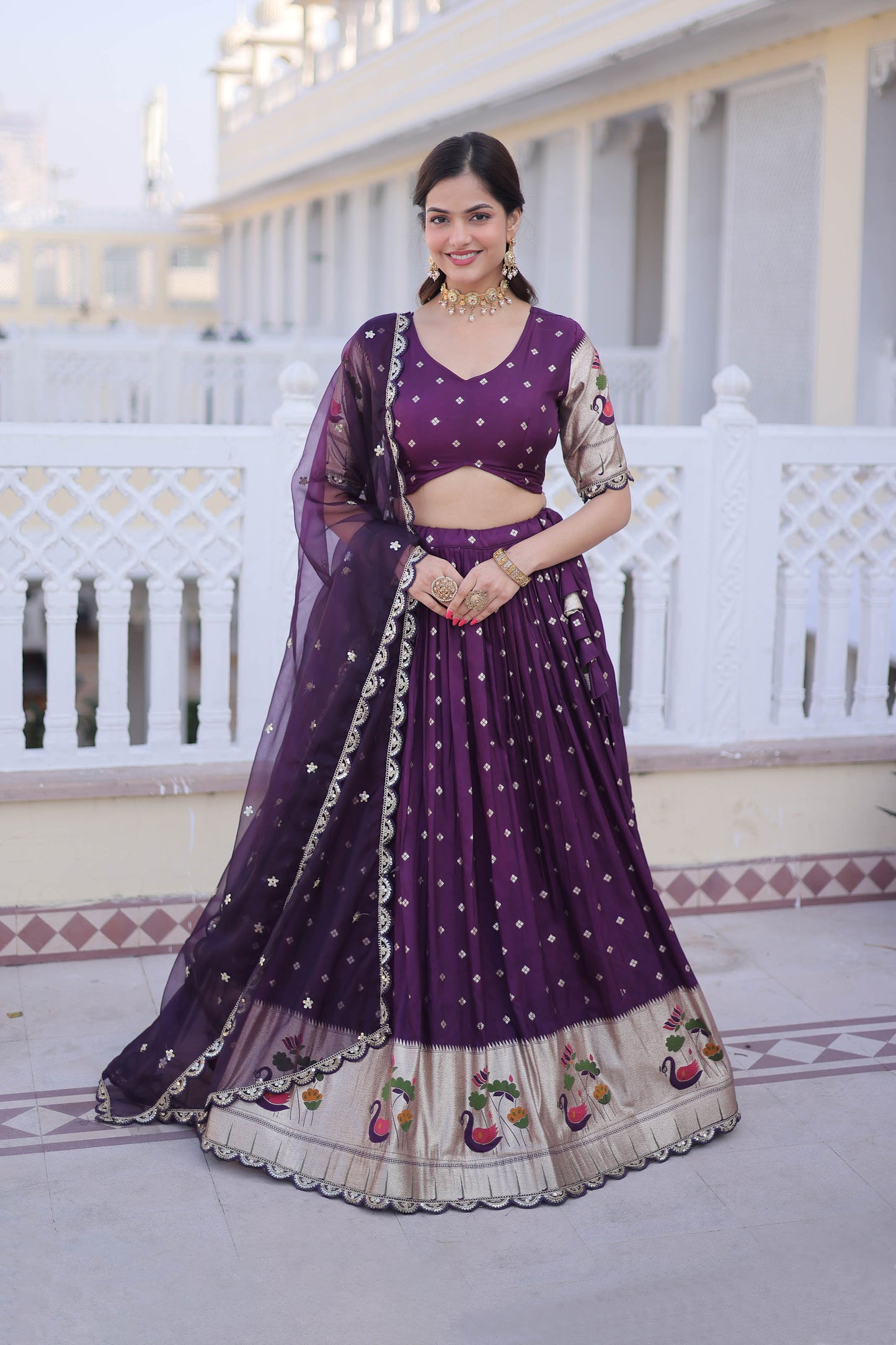 Vrindaa Wine Purple Paithani-Border Embroidered Lehenga Set