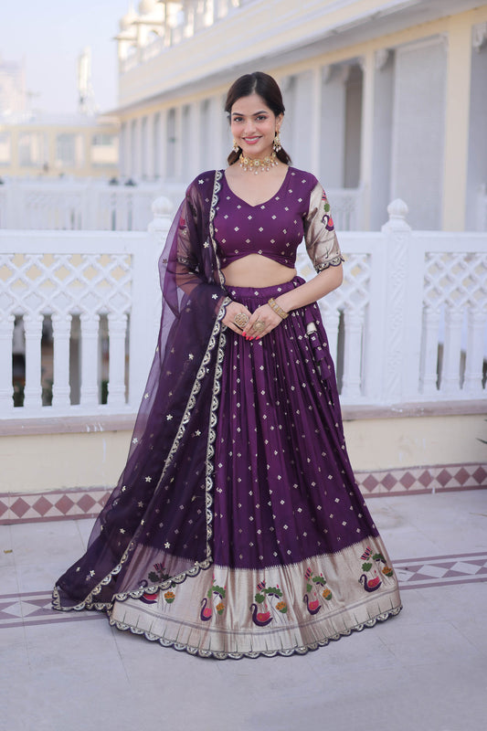 Vrindaa Wine Purple Paithani-Border Embroidered Lehenga Set