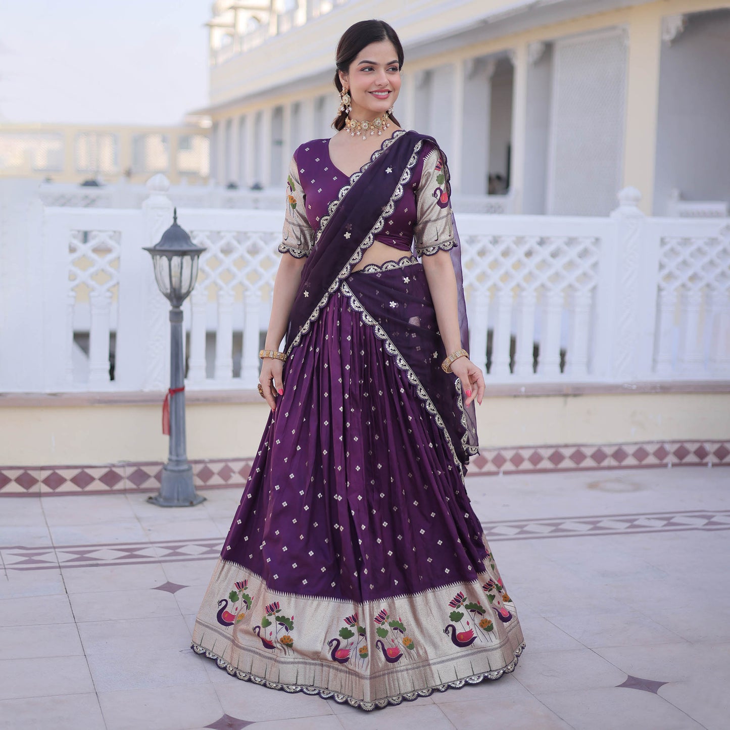 Vrindaa Wine Purple Paithani-Border Embroidered Lehenga Set