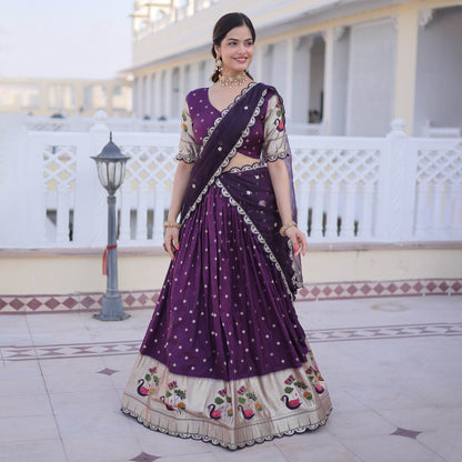 Vrindaa Wine Purple Paithani-Border Embroidered Lehenga Set