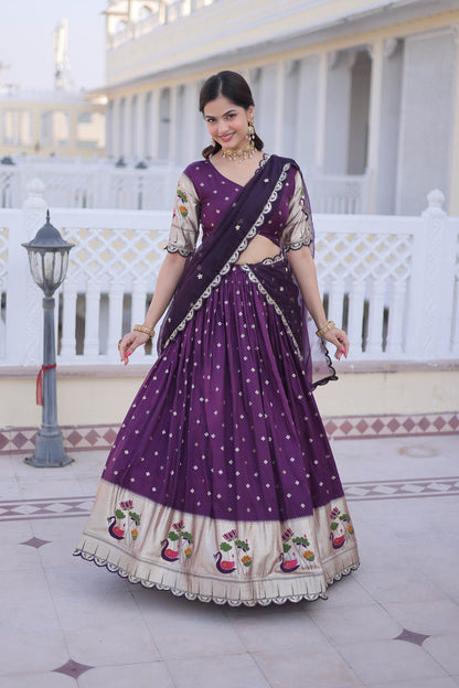 Vrindaa Wine Purple Paithani-Border Embroidered Lehenga Set
