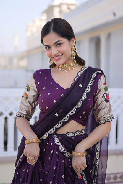 Vrindaa Wine Purple Paithani-Border Embroidered Lehenga Set