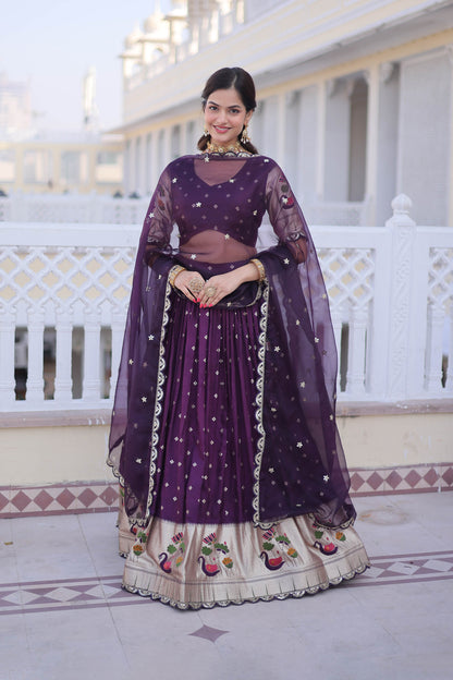 Vrindaa Wine Purple Paithani-Border Embroidered Lehenga Set