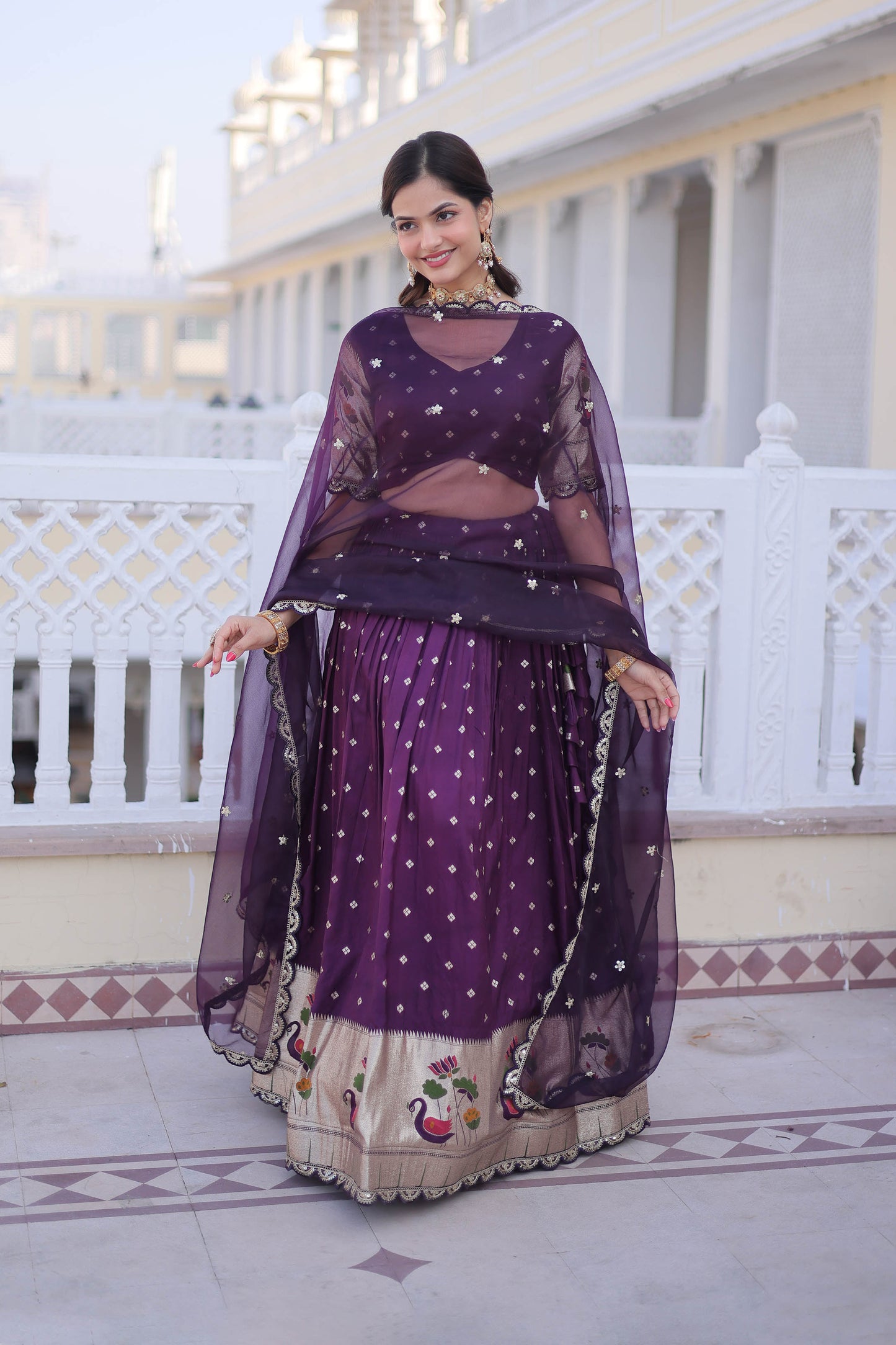Vrindaa Wine Purple Paithani-Border Embroidered Lehenga Set