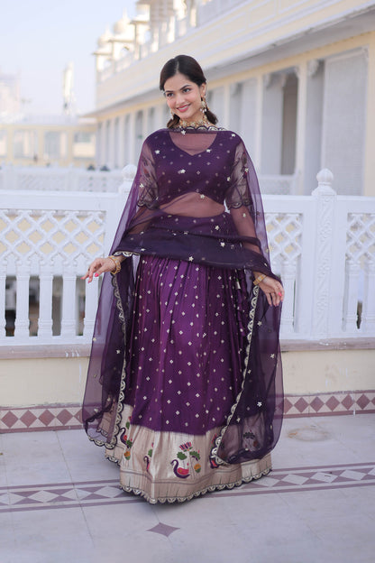 Vrindaa Wine Purple Paithani-Border Embroidered Lehenga Set