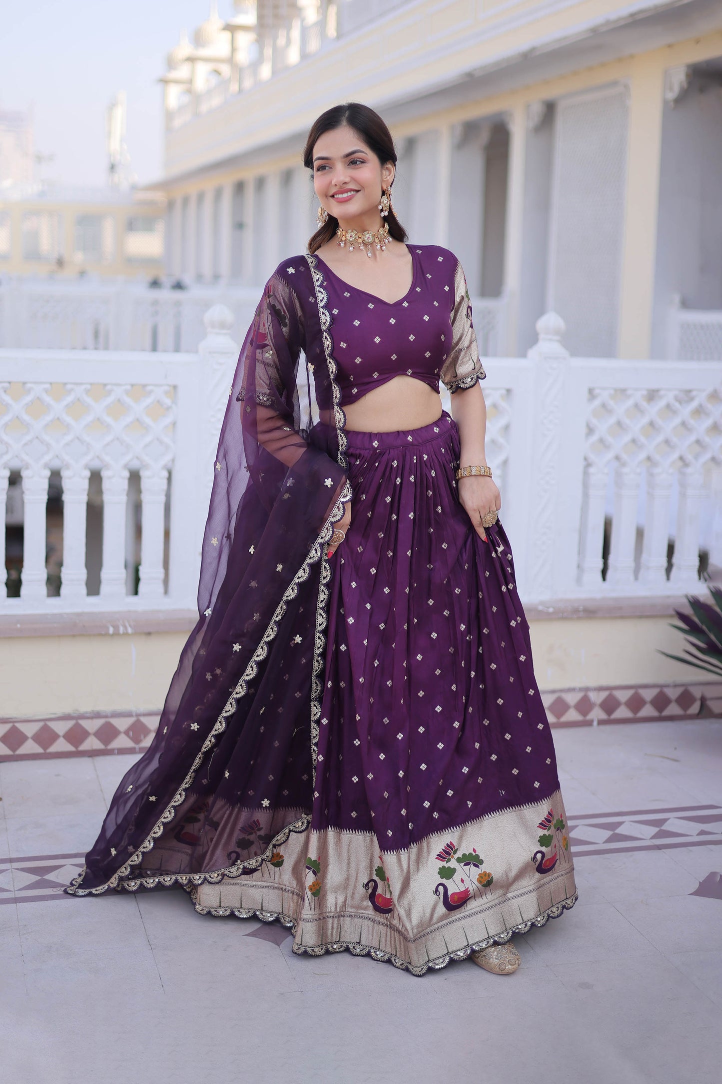 Vrindaa Wine Purple Paithani-Border Embroidered Lehenga Set