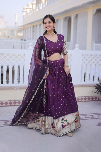 Vrindaa Wine Purple Paithani-Border Embroidered Lehenga Set