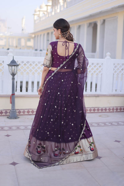 Vrindaa Wine Purple Paithani-Border Embroidered Lehenga Set
