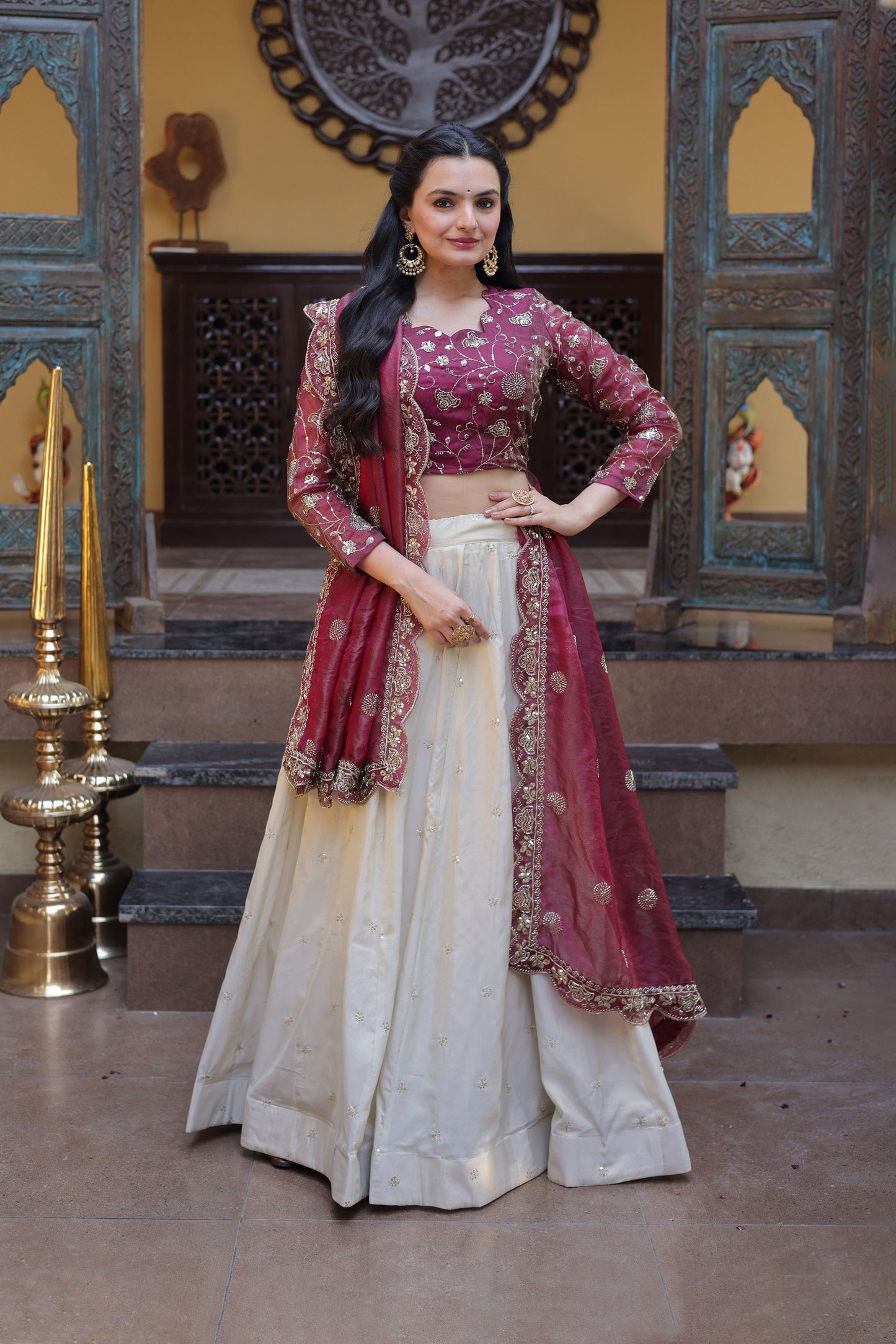 Meherzaan Magenta Zari-Embroidered Lehenga Set