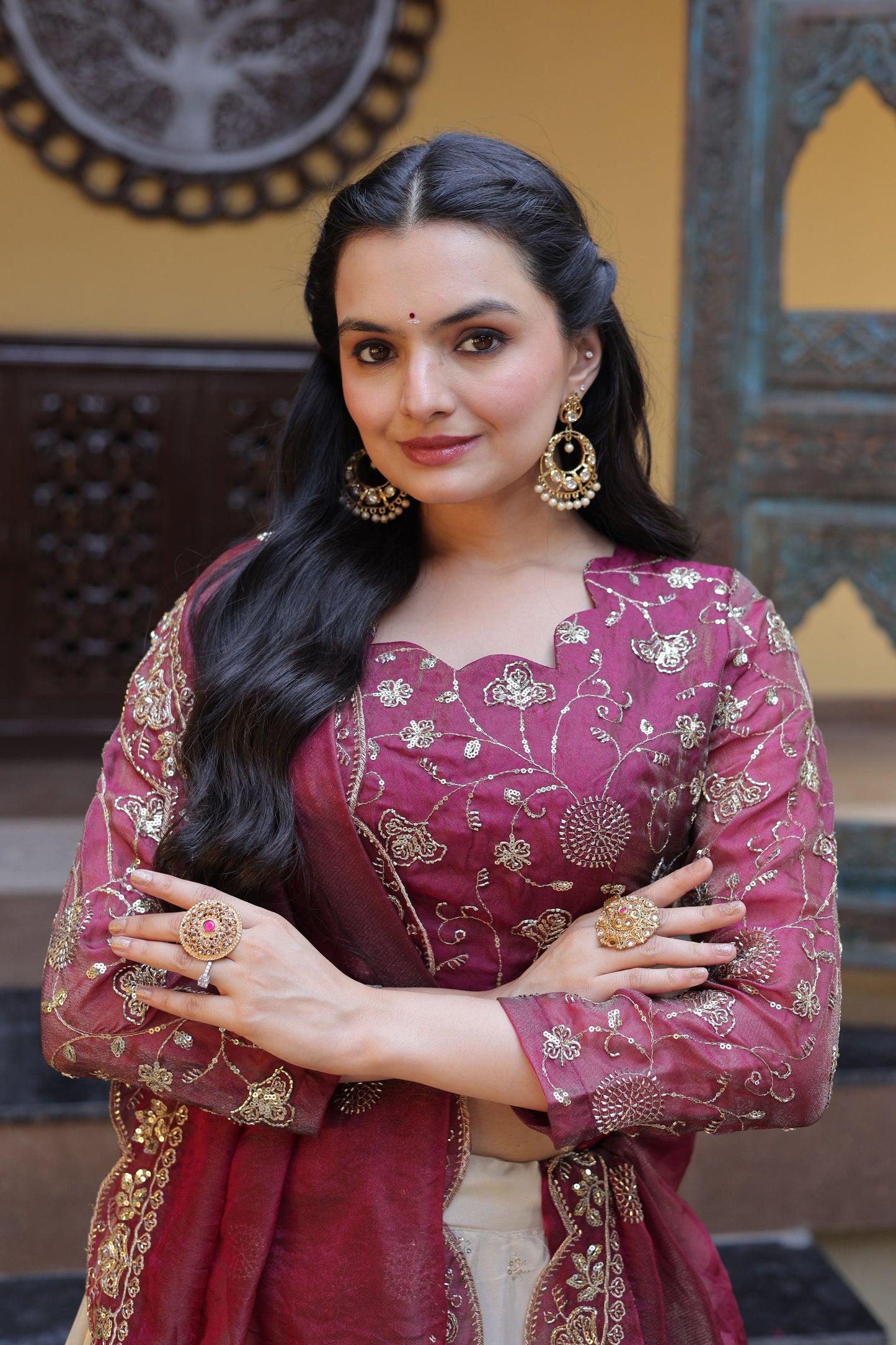 Meherzaan Magenta Zari-Embroidered Lehenga Set