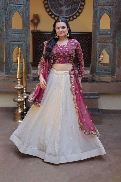 Meherzaan Magenta Zari-Embroidered Lehenga Set