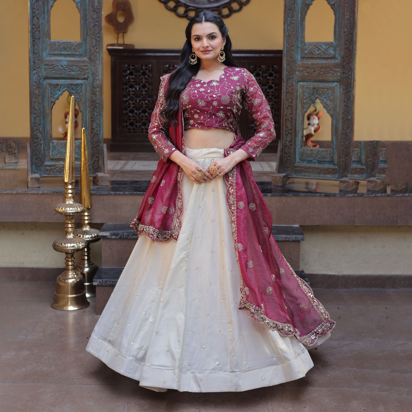 Meherzaan Magenta Zari-Embroidered Lehenga Set