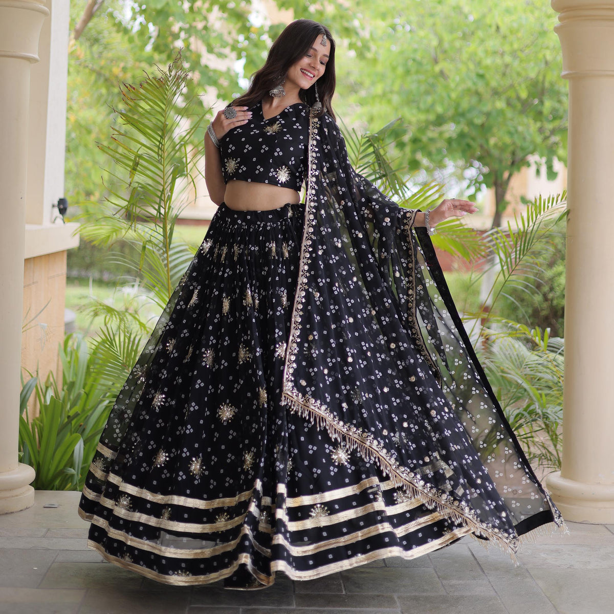 Kaveri Bandhej Black Georgette Lehenga Set