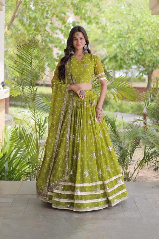 Kaveri Bandhej Parrot Green Georgette Lehenga Set