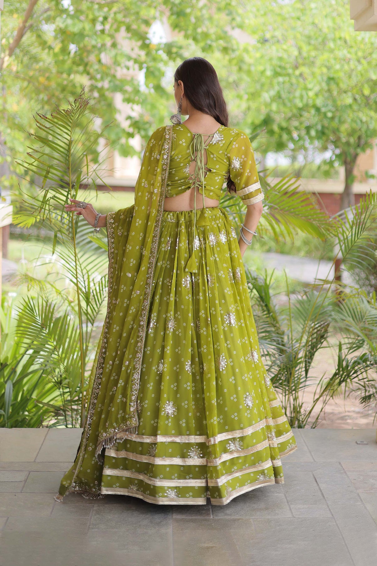 Kaveri Bandhej Parrot Green Georgette Lehenga Set