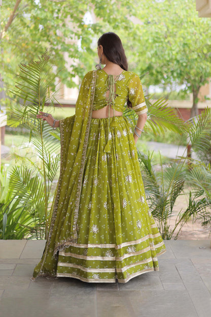 Kaveri Bandhej Parrot Green Georgette Lehenga Set