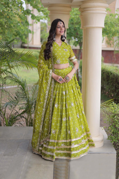 Kaveri Bandhej Parrot Green Georgette Lehenga Set