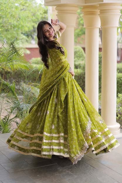 Kaveri Bandhej Parrot Green Georgette Lehenga Set