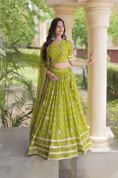 Kaveri Bandhej Parrot Green Georgette Lehenga Set