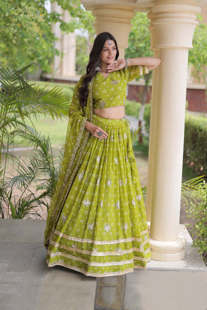 Kaveri Bandhej Parrot Green Georgette Lehenga Set