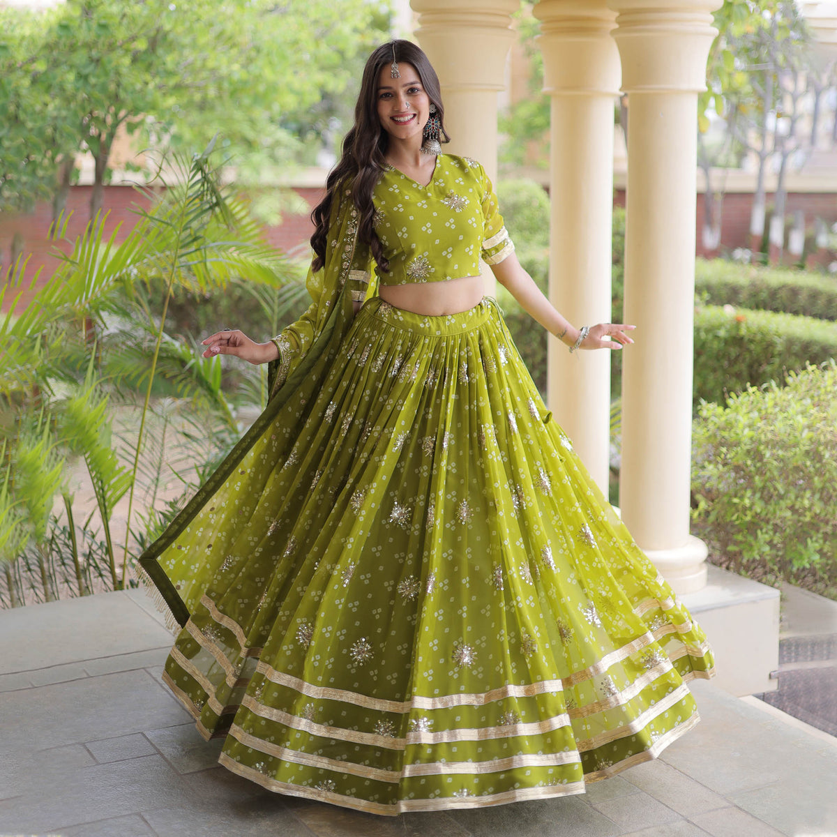 Kaveri Bandhej Parrot Green Georgette Lehenga Set