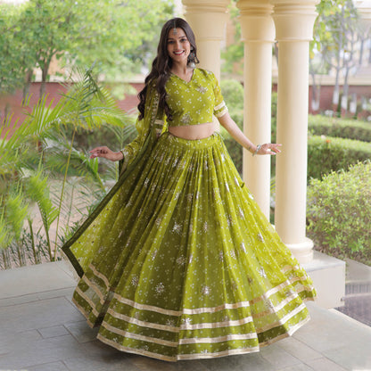 Kaveri Bandhej Parrot Green Georgette Lehenga Set
