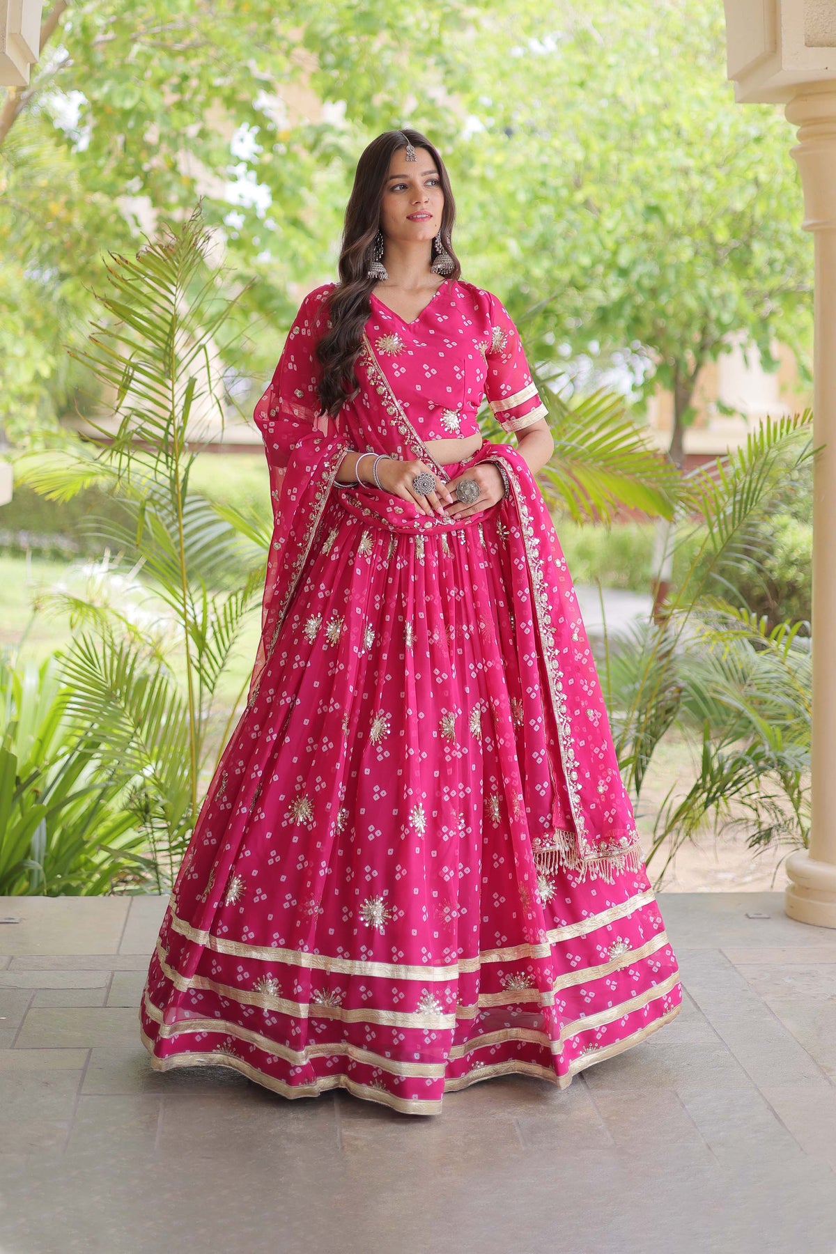 Kaveri Bandhej Pink Georgette Lehenga Set