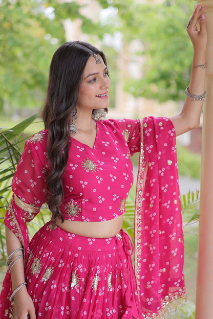 Kaveri Bandhej Pink Georgette Lehenga Set