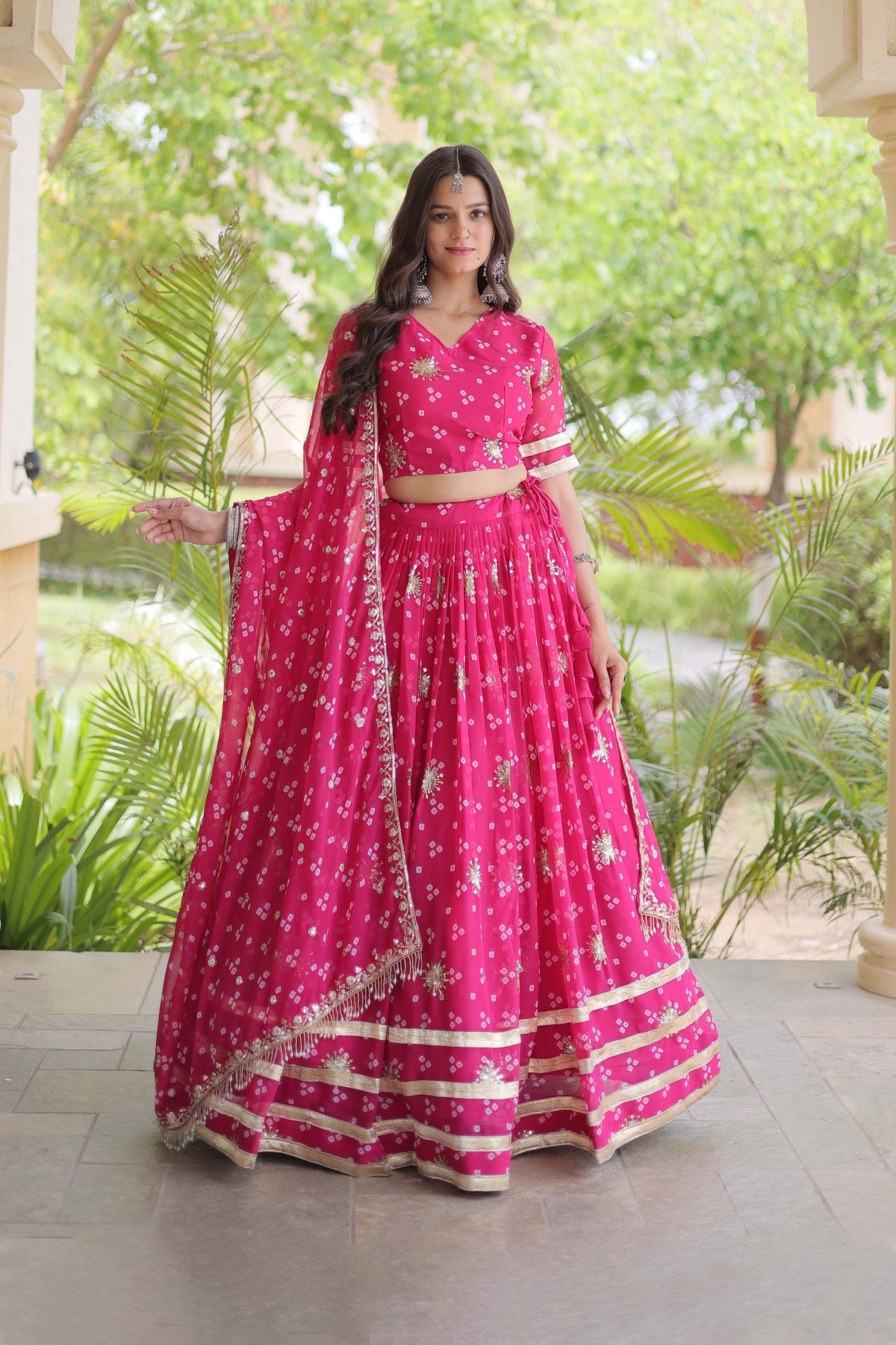 Kaveri Bandhej Pink Georgette Lehenga Set