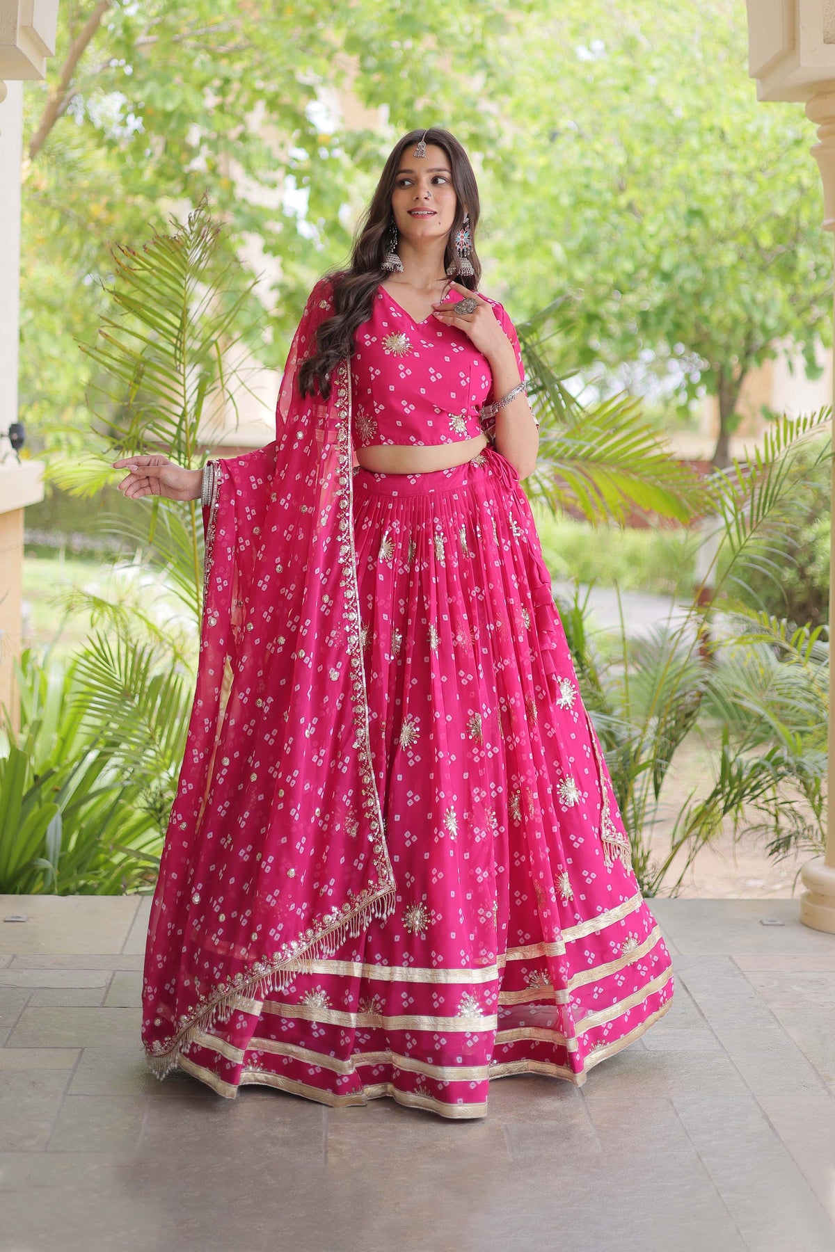 Kaveri Bandhej Pink Georgette Lehenga Set