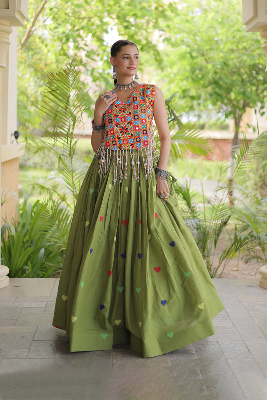 Prem Kutchi Parrot Green Kora Cotton Lehenga Set