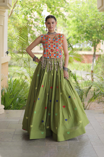 Prem Kutchi Parrot Green Kora Cotton Lehenga Set