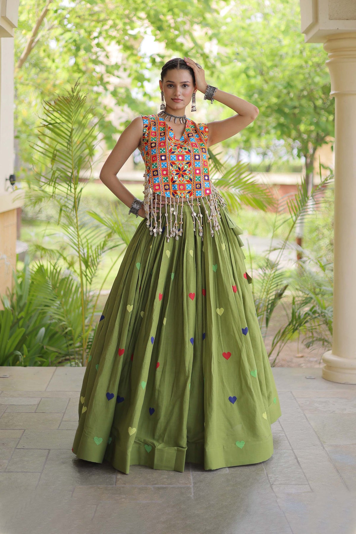 Prem Kutchi Parrot Green Kora Cotton Lehenga Set
