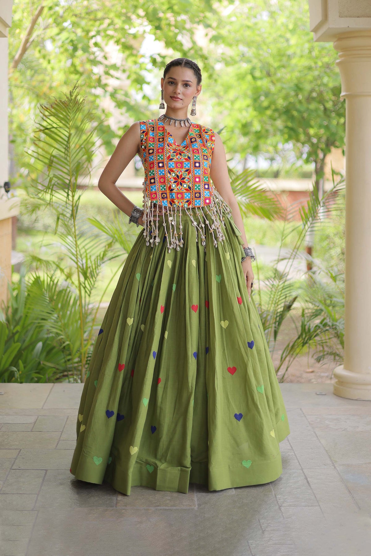 Prem Kutchi Parrot Green Kora Cotton Lehenga Set