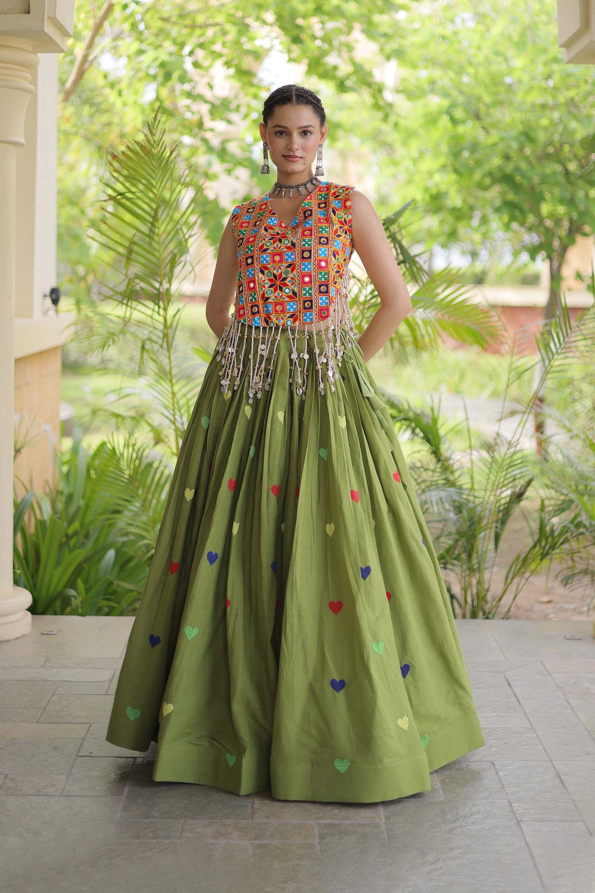 Prem Kutchi Parrot Green Kora Cotton Lehenga Set
