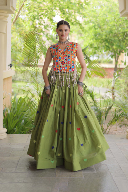Prem Kutchi Parrot Green Kora Cotton Lehenga Set