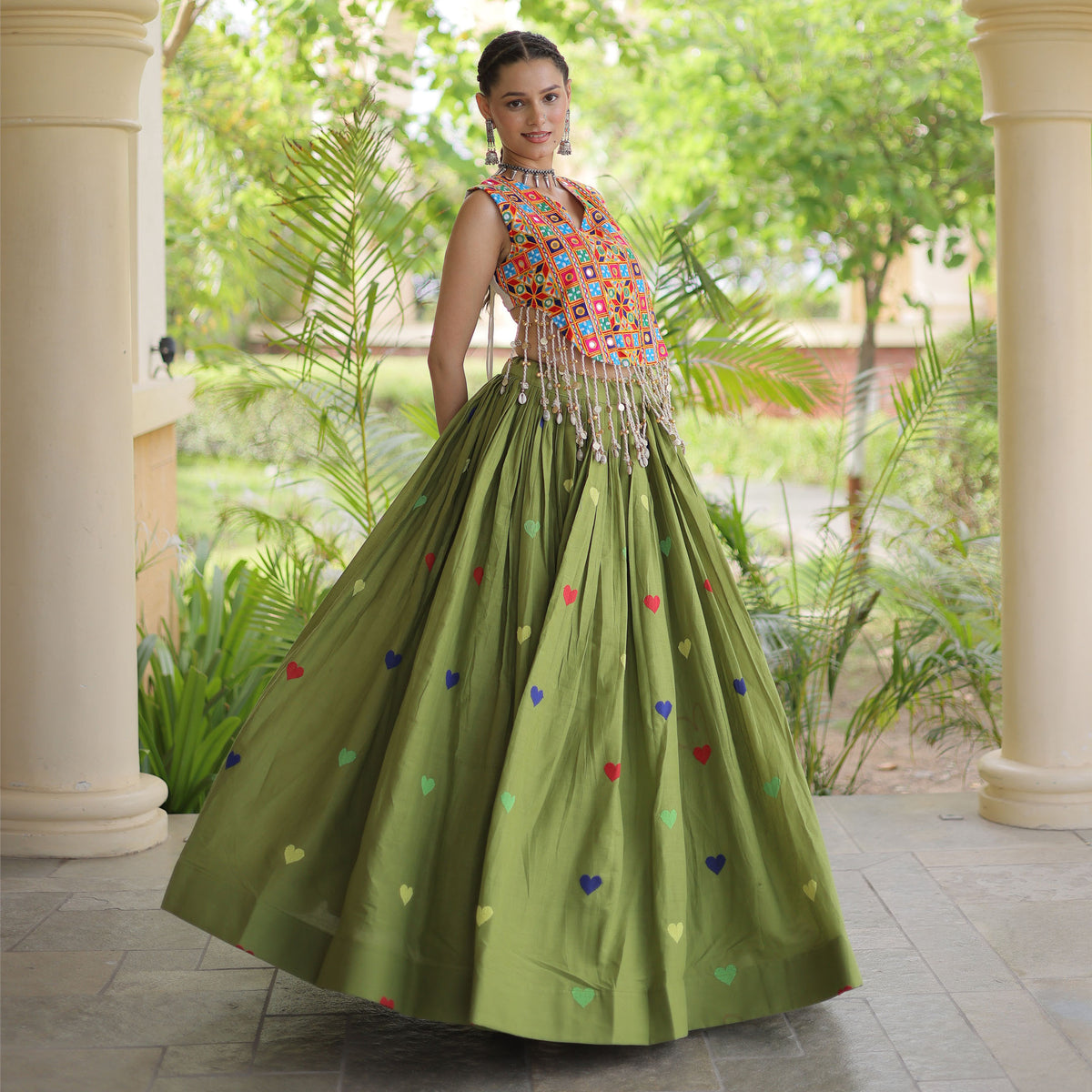 Prem Kutchi Parrot Green Kora Cotton Lehenga Set