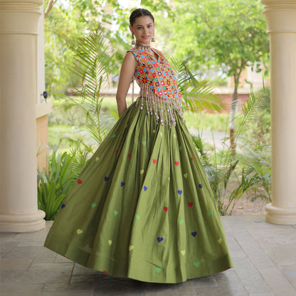Prem Kutchi Parrot Green Kora Cotton Lehenga Set