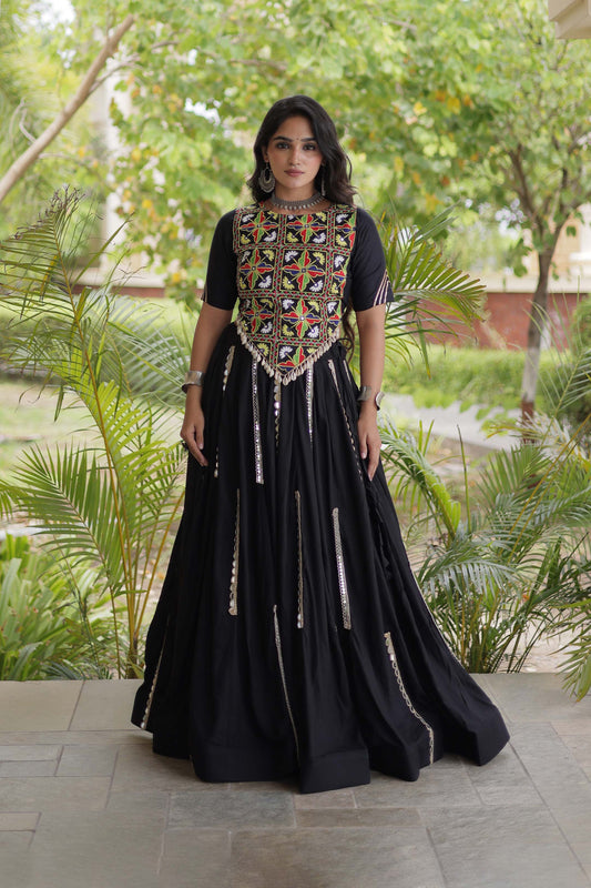 Nitara Kutchi Black Rayon Lehenga Set