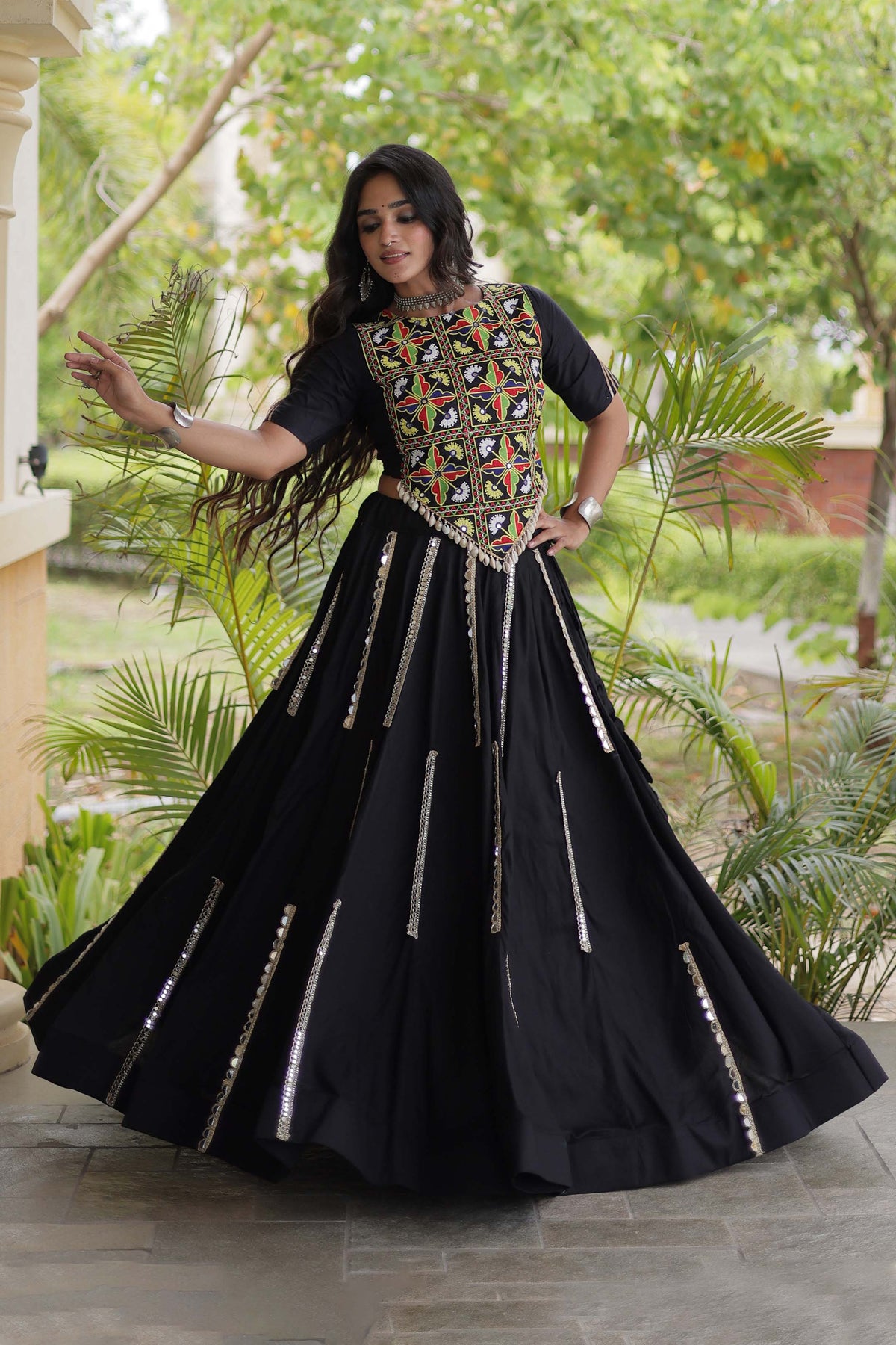 Nitara Kutchi Black Rayon Lehenga Set