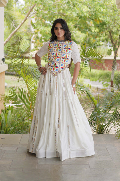Nitara Kutchi White Rayon Lehenga Set