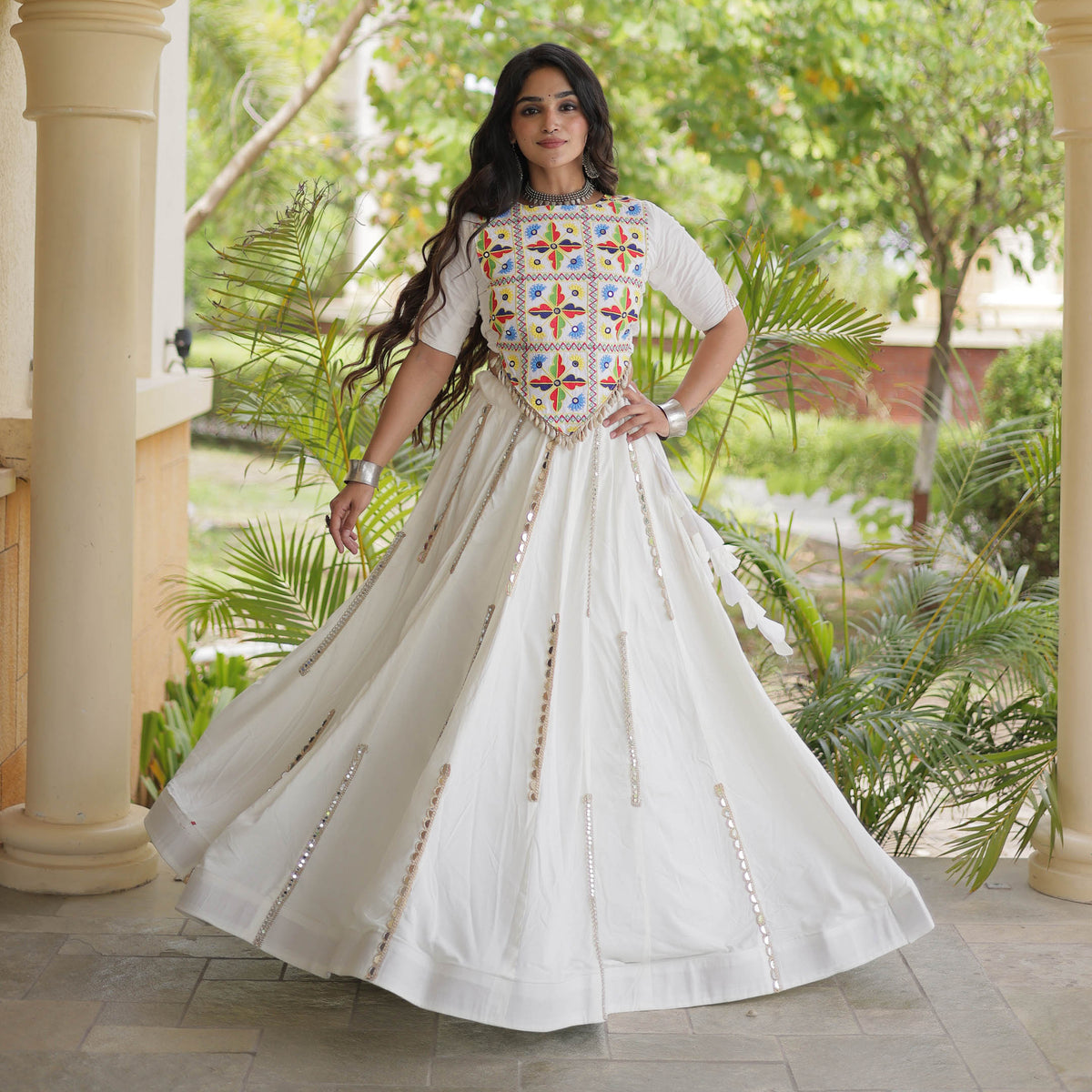 Nitara Kutchi White Rayon Lehenga Set