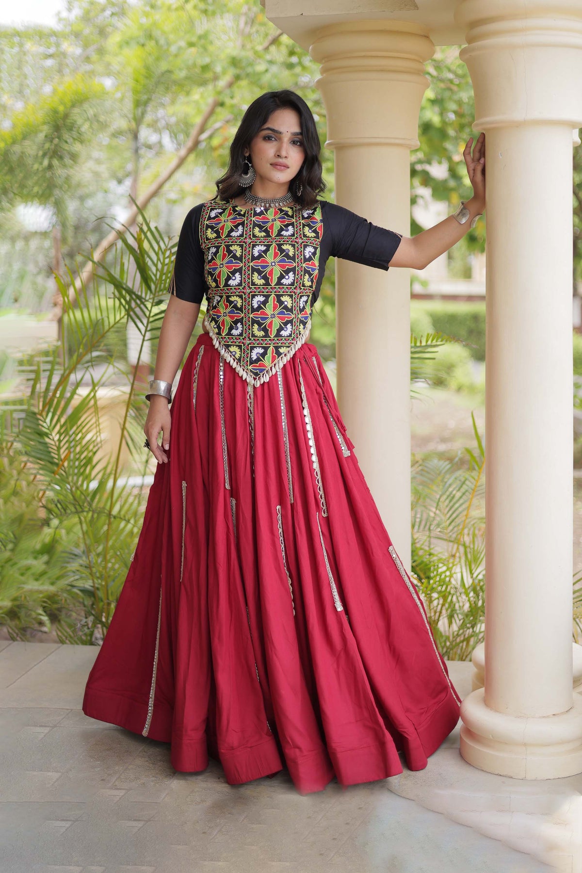 Nitara Kutchi Black Maroon Rayon Lehenga Set