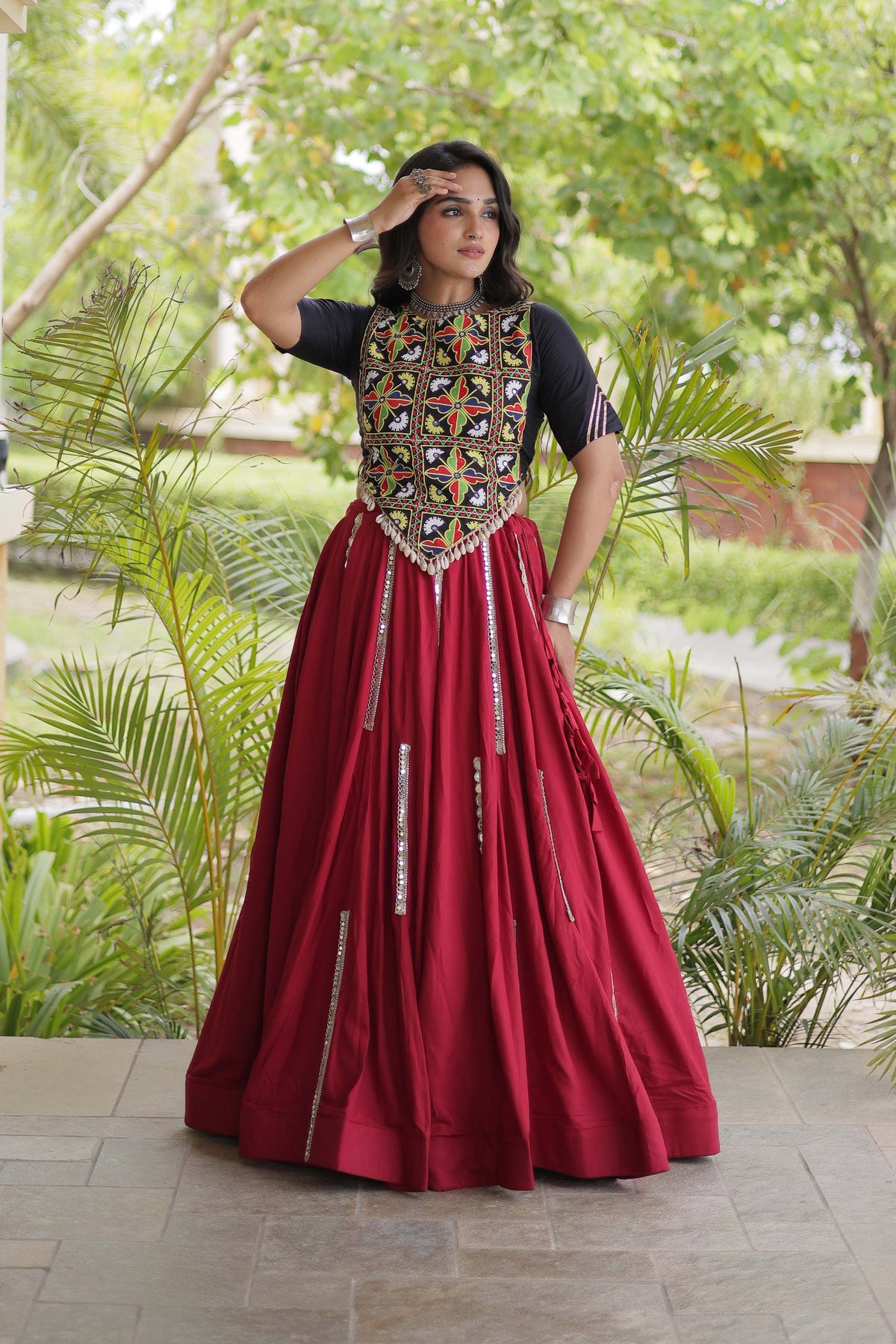 Nitara Kutchi Black Maroon Rayon Lehenga Set