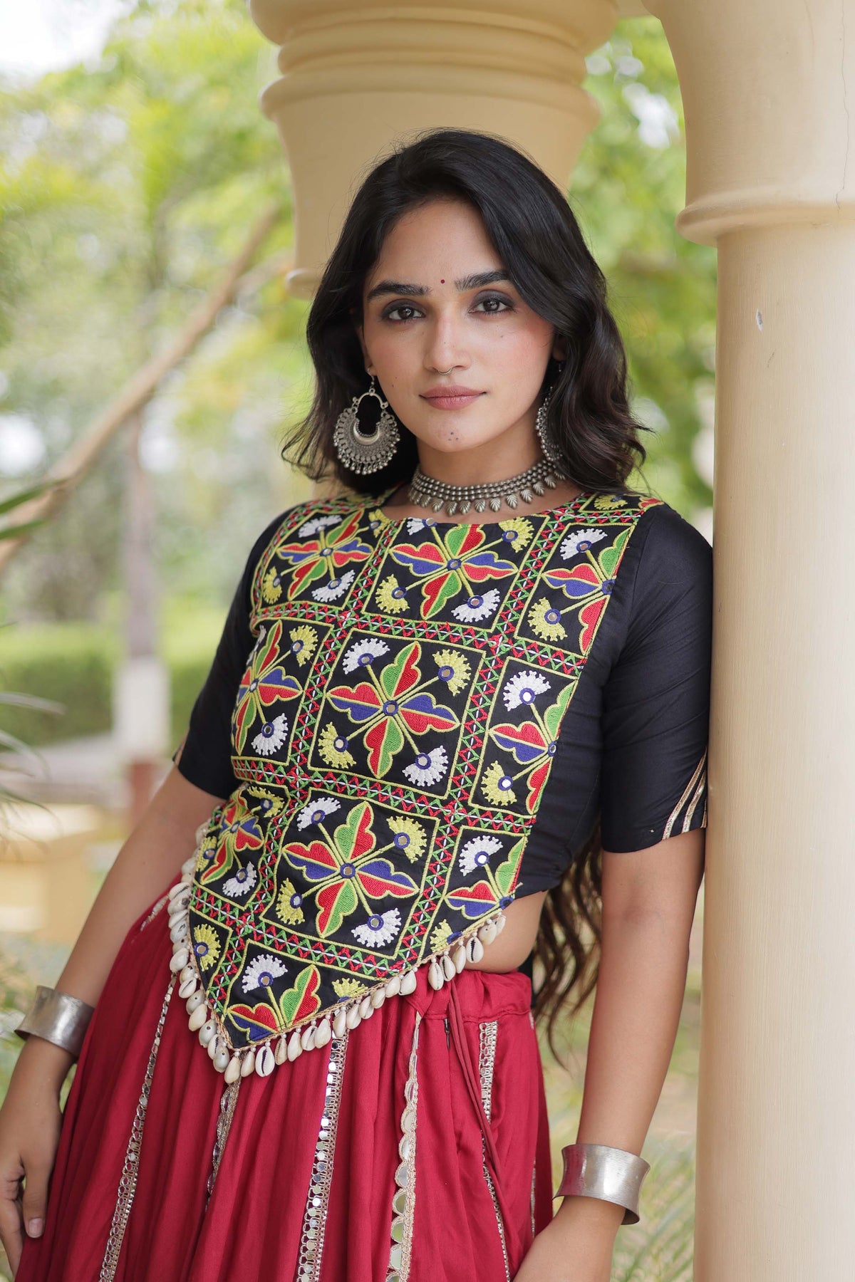 Nitara Kutchi Black Maroon Rayon Lehenga Set