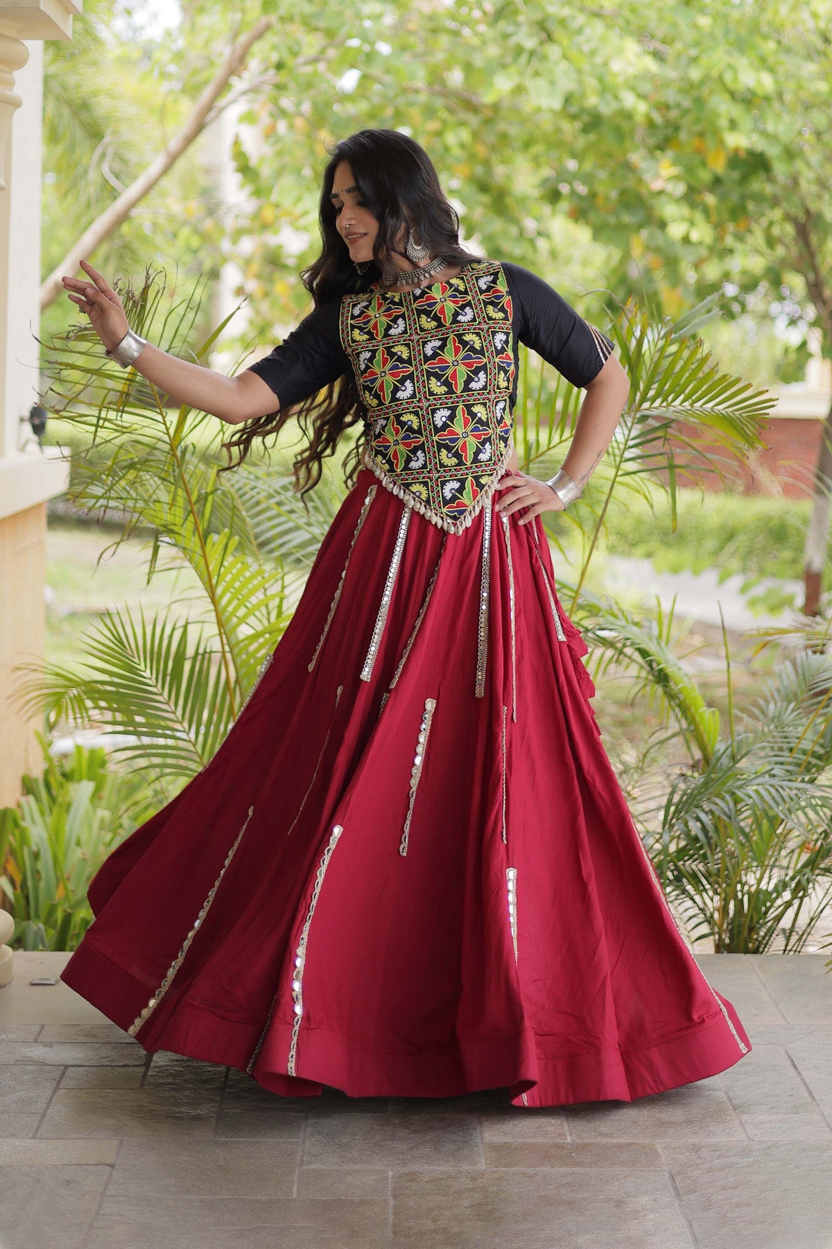 Nitara Kutchi Black Maroon Rayon Lehenga Set